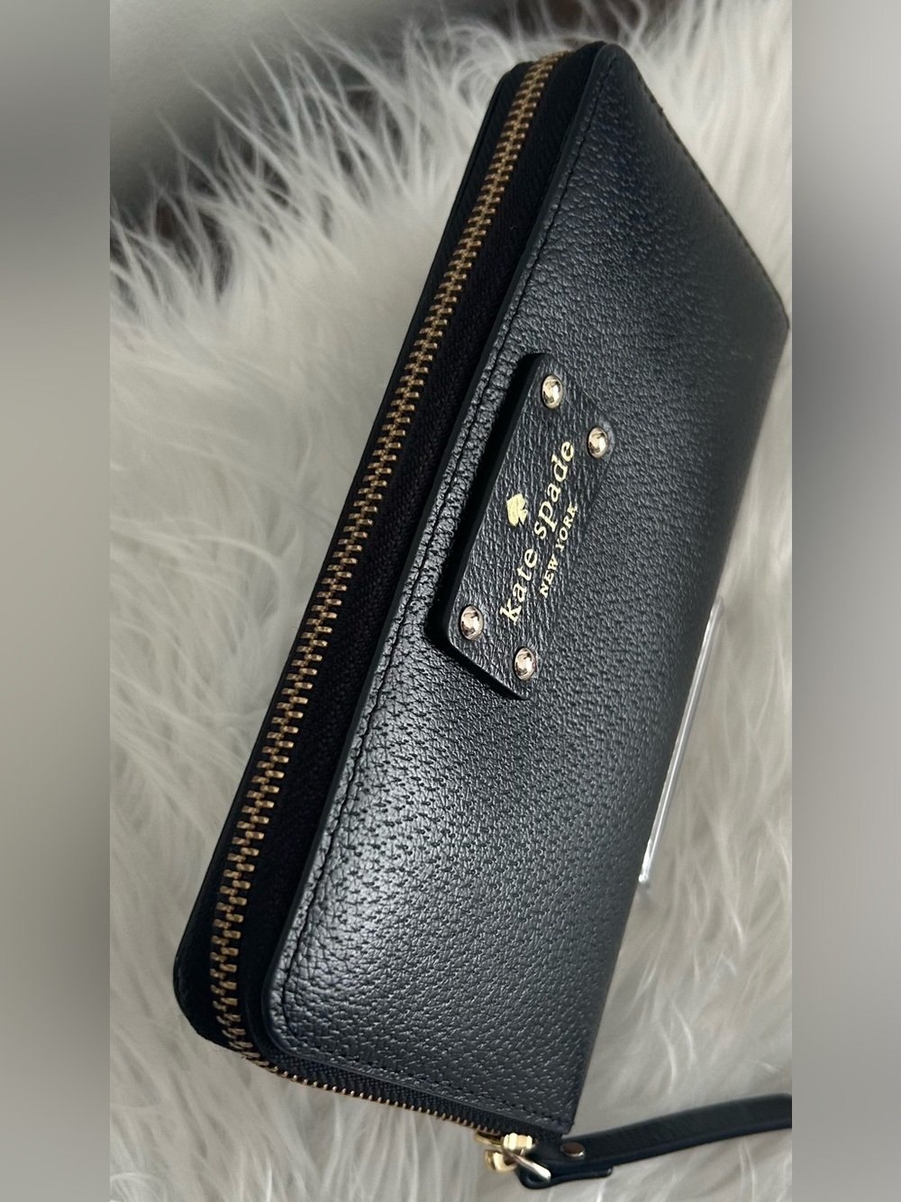 Kate Spade Black Leather Zip Around Continental Wallet Gold Logo - Picture 6 of 12